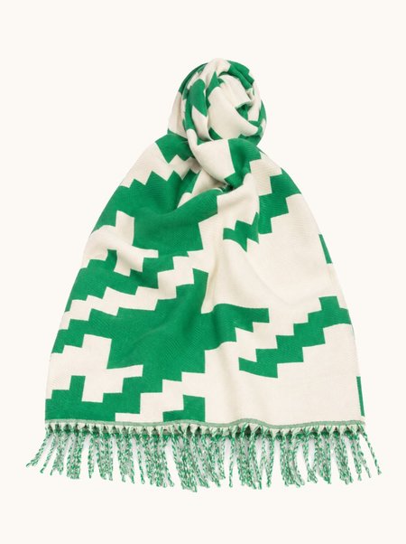 Warm wool scarf with green geometric patterns, 70x210 cm