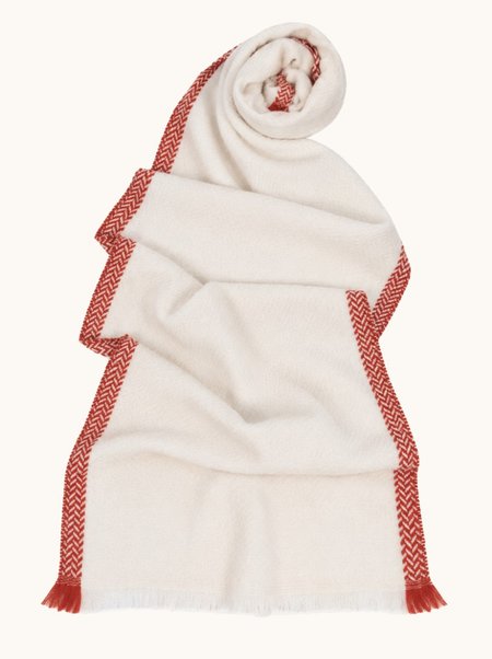 Warm 100% wool scarf, beige with red trim, 40x200 cm