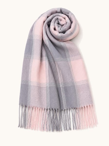 Warm pink-and-gray plaid scarf with tassels, 65 cm x 180 cm