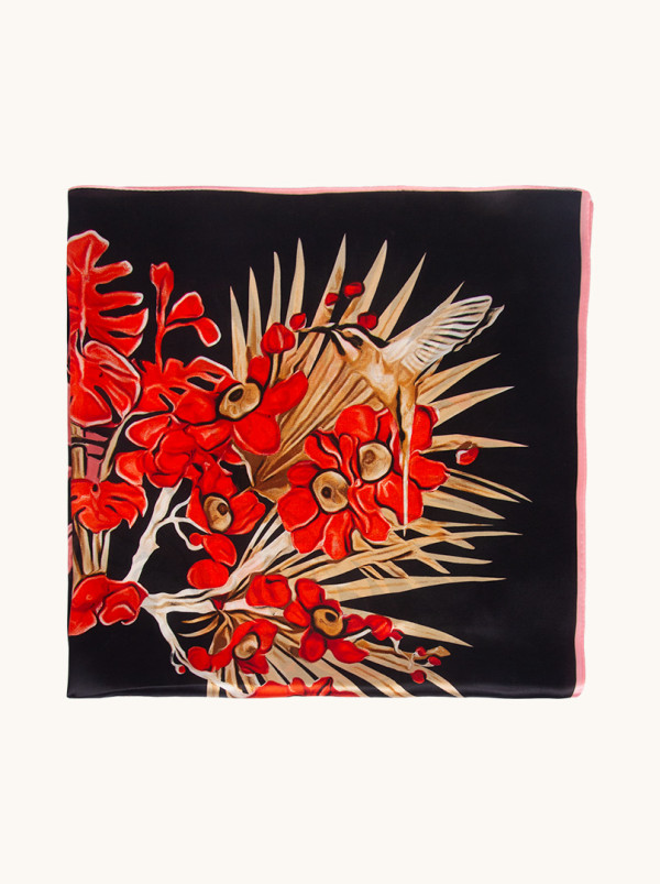 Duża chusta jedwabna 90cm x 90cm czarna z motywem roślinnym