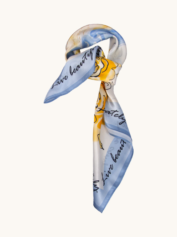 Silk scarf with blue border with flower motif 65 cm x 65 cm