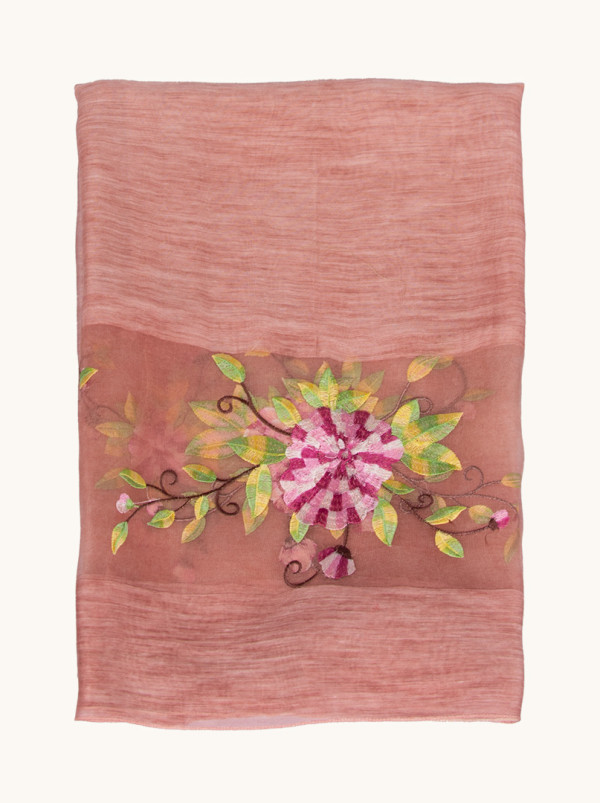 Pink evening shawl with embroidered flowers 95 cm x 180 cm