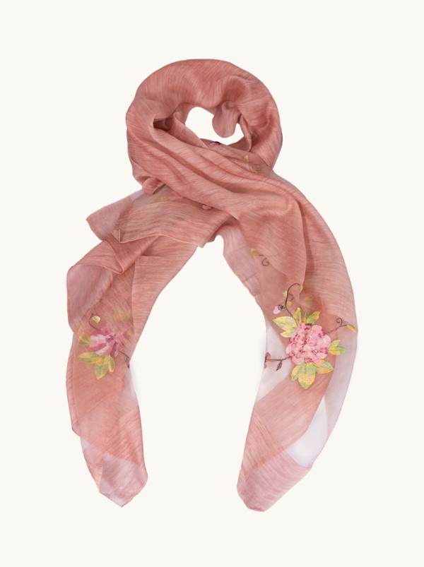 Pink evening shawl with embroidered flowers 95 cm x 180 cm