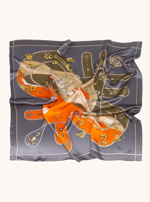Orange and charcoal gray silk scarf with floral pattern, 90x90 cm