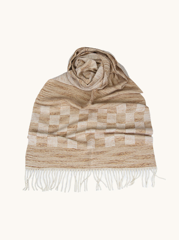 Szal ciepły w kolorze brązowy z beżową obwódką 50 cm x 200 cm