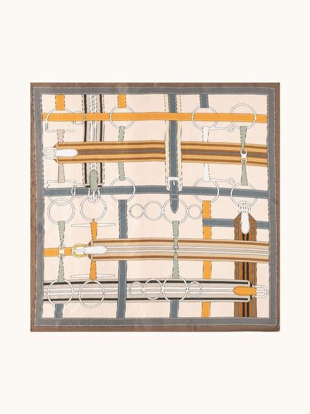 Apaszka jedwabna beżowa z motywem jeździeckim 70x70 cm