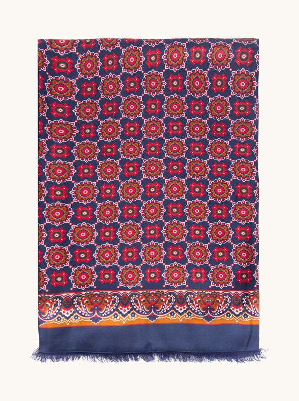 Ekskluzywny męski szal jedwabny granatowy we wzory 30 cm x 180 cm 