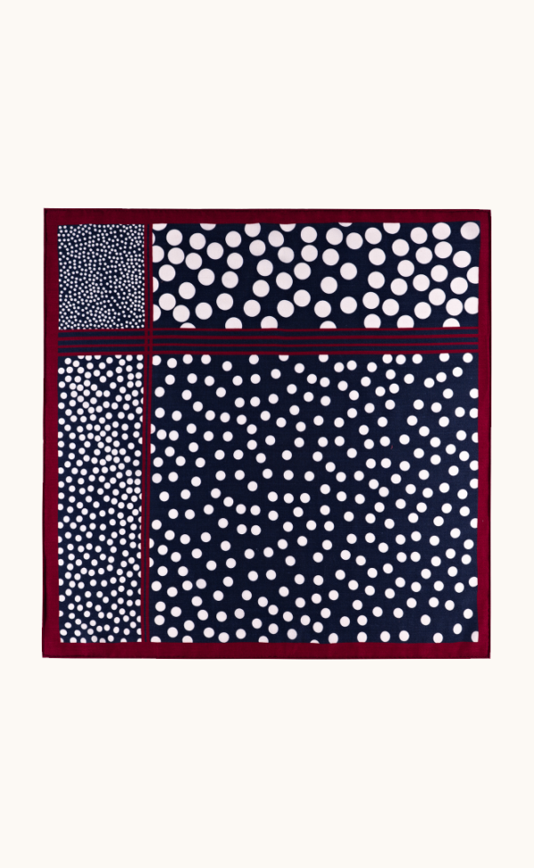 Apaszka wełna z jedwabiem w białe grochy z bordową ramką 65x65 cm