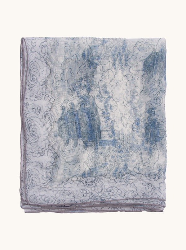 Blue silk crepe floral scarf 80 cm x 180 cm