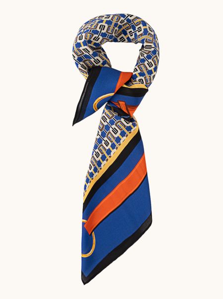 Apaszka jedwabna granatowa z motywem pasków i łańcuchów 70x70 cm