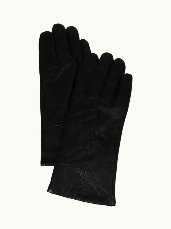 Black leather gloves with embroidered leaves