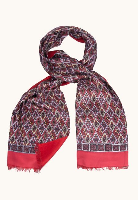 Męski szal jedwabny czerwony w geometryczny wzór 30×180 cm