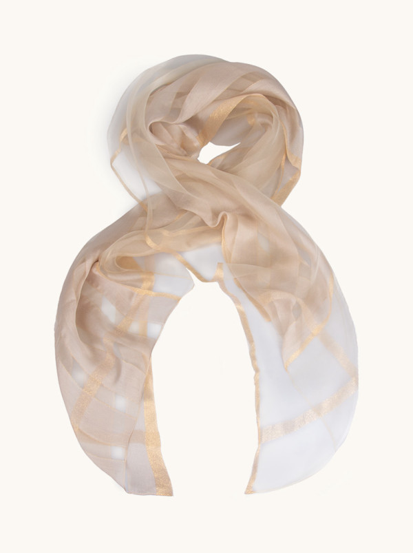 Szal wieczorowy w pasy beżowy ze złotą nitką 80 cm x 190 cm