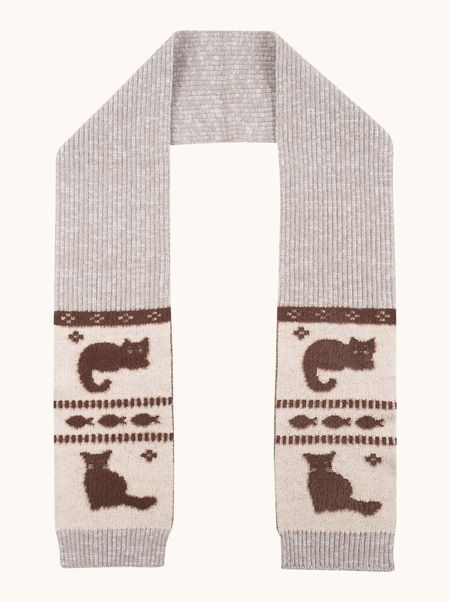 Długi wąski szalik beżowo-szary z motywem kota 15x180 cm 