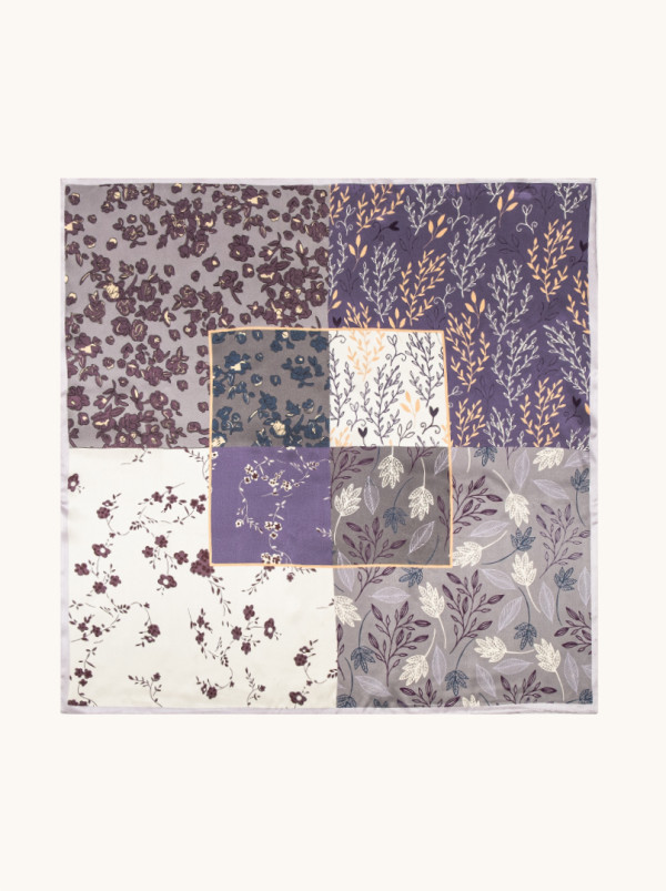 Apaszka jedwabna fioletowa z drobnymi kwiatuszkami 65x65 cm 