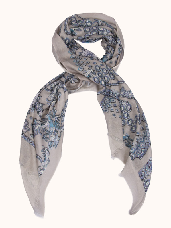 Delicate scarf 100% wool, gray with ethnic patterns, 95 cm x 200 cm