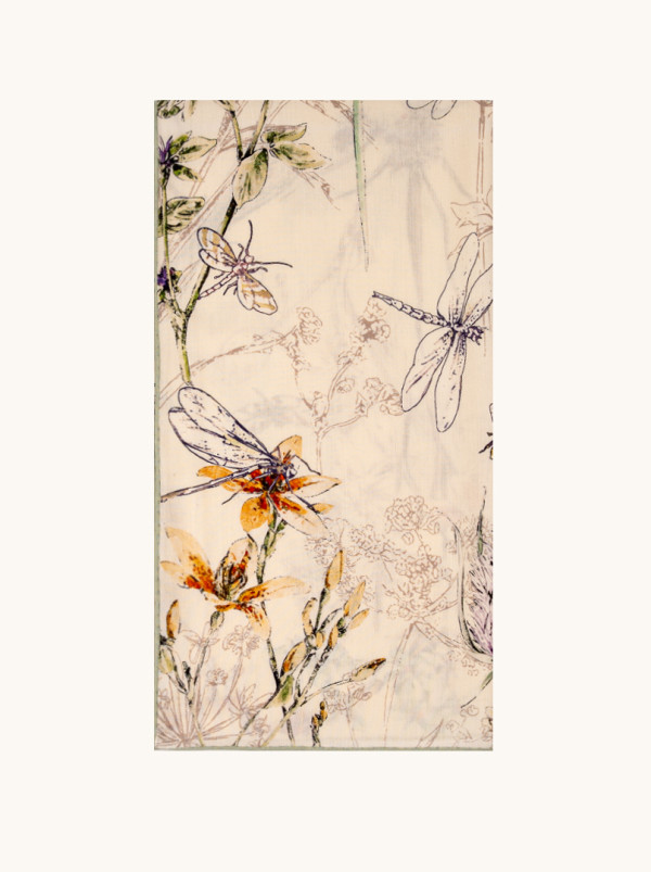 Duży szal wełna z jedwabiem dwustronny artystyczny wzór z ważkami i kwiatami 50cm x 170 cm