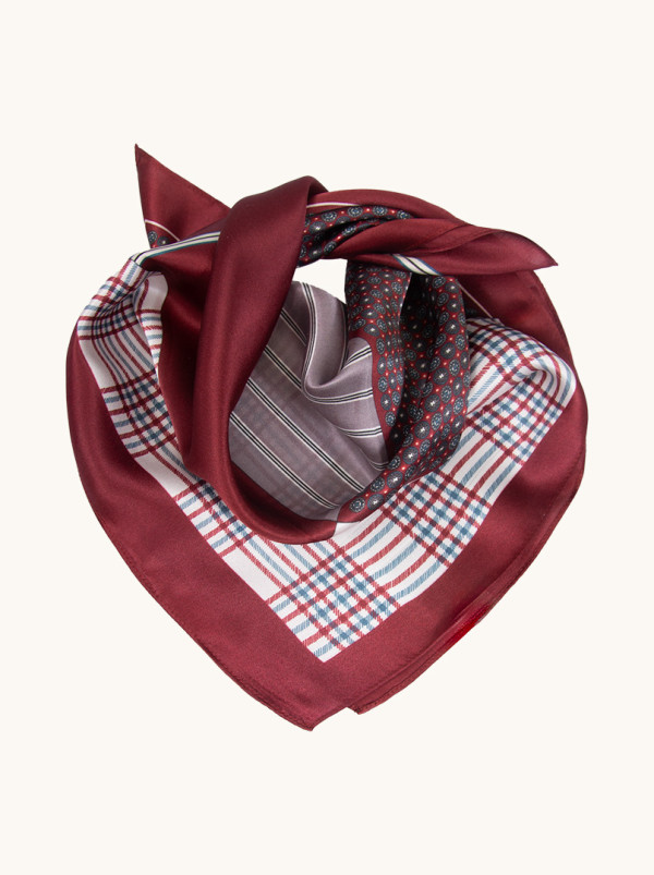 Apaszka jedwabna bordowa ze wzorem geometrycznym 53x53 cm