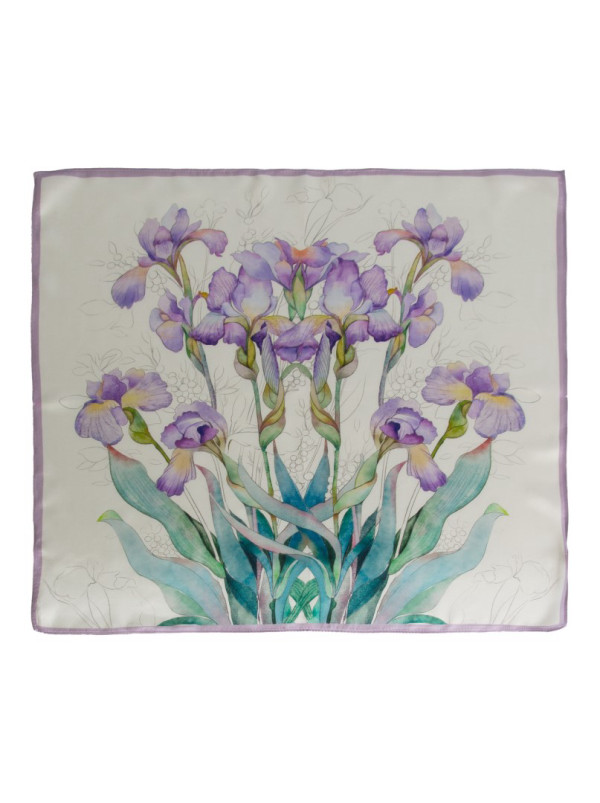 Apaszka jedwabna kremowa w fioletowe irysy 68x68 cm