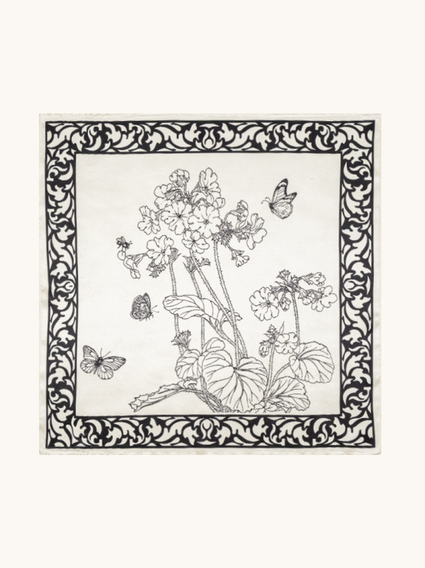 Small silk scarf in ivory shade with black ornament 53cm x53cm