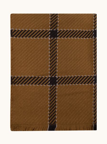Szal wiskoza 100% karmelowo-miodowy odcień w kratę z frędzlami 70x190 cm