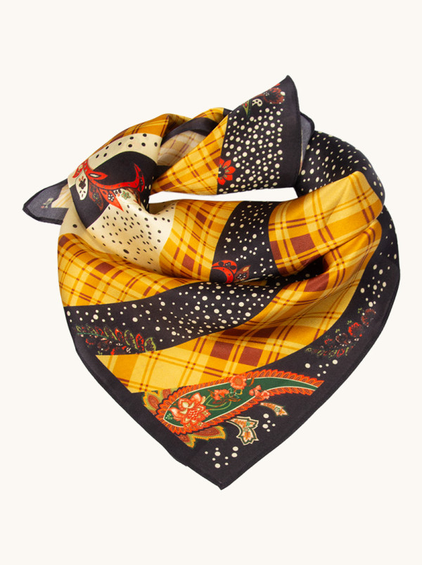 Small graphite silk gavroche in patterns and floral motifs 53x53 cm