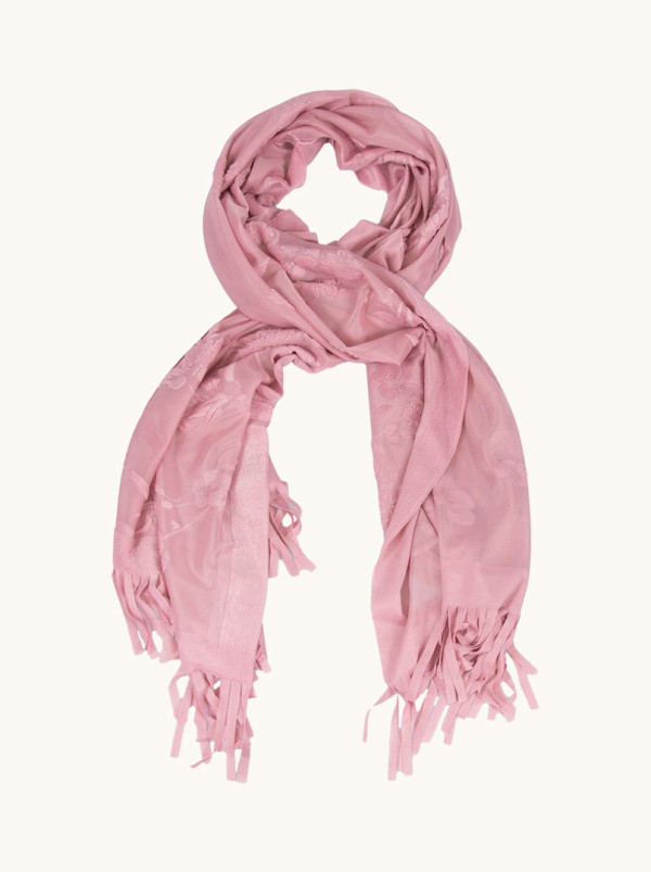 Szal wieczorowy różowy w haftowane białe kwiaty z frędzlami 70 cm x 180 cm