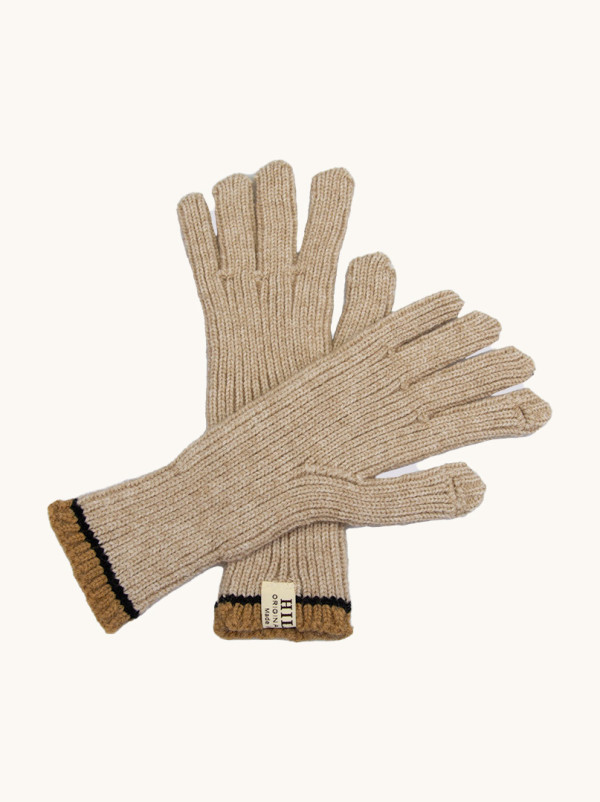 Krótkie rękawiczki grube dzianinowe beżowe z brązową końcówką