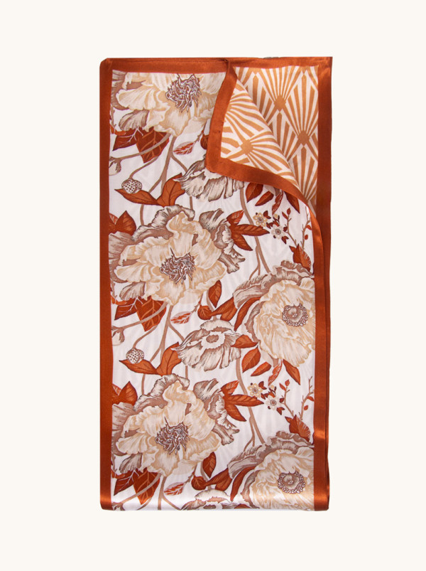 Double-sided narrow double silk shawl with beige flowers 16cm x145cm