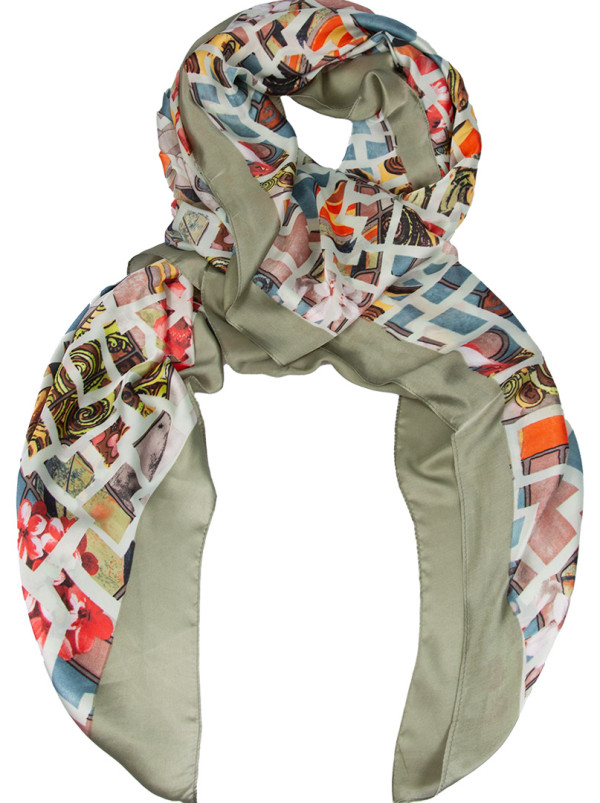 Lightweight shawl in geometric patterns with a celadon border 85 cm x 175 cm