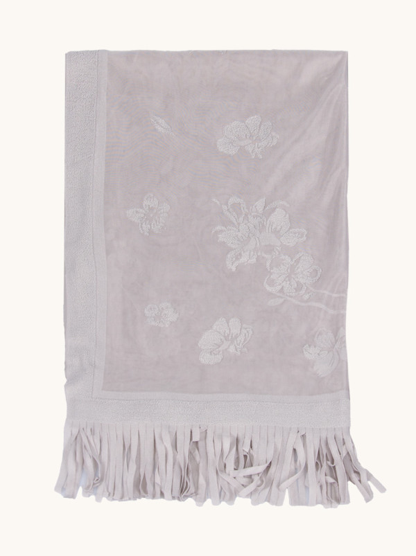 Grey evening shawl with embroidered white flowers with tassels 70 cm x 180 cm