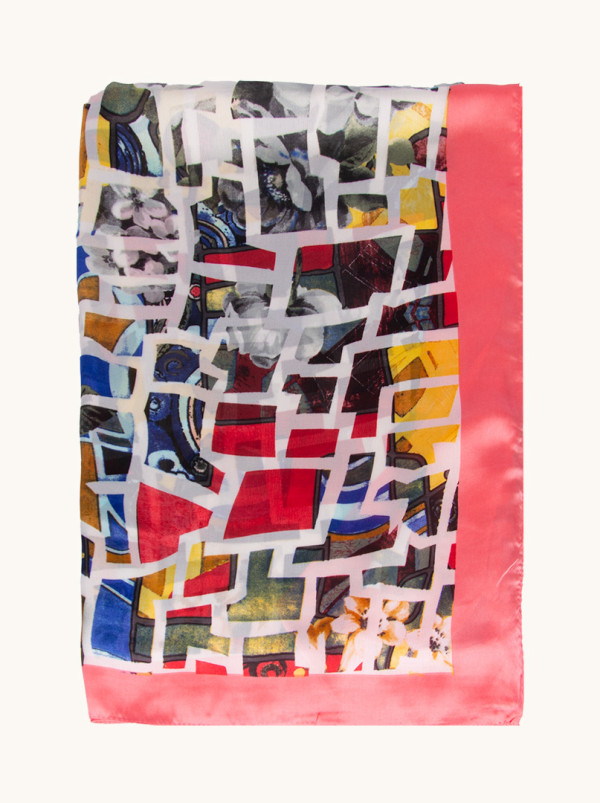 Lightweight shawl in geometric patterns with pink border 85 cm x 175 cm