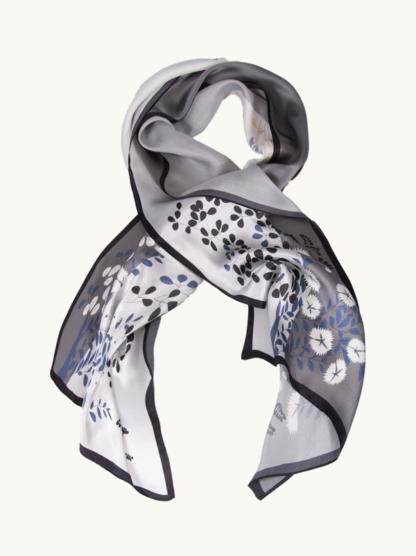 Grey silk scarf with floral motif 55 cm x 170 cm