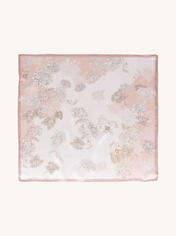 Small silk scarf gavroshka powder pink with delicate flowers 53cm x53cm