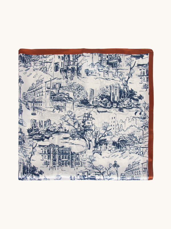 Apaszka jedwabna z motywem miasta z brązową obwódką 88 cm x 88 cm