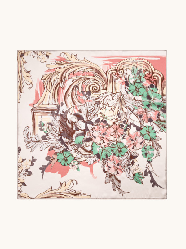 Duża apaszka jedwabna różowa z motywem kwiatowym 90x90 cm