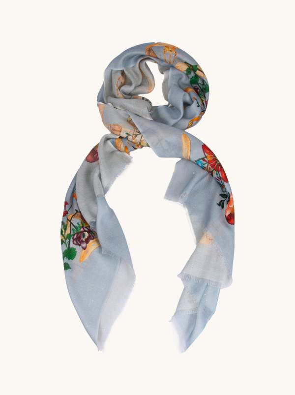 Blue scarf with flowers 100% wool 90 cm x 200 cm