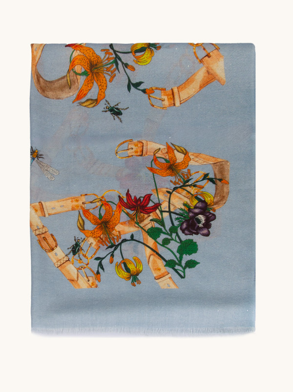 Blue scarf with flowers 100% wool 90 cm x 200 cm