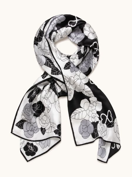 Black silk scarf with white flowers 55x175 cm