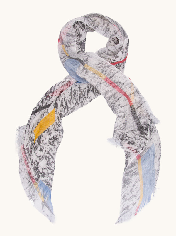 Scarf 100% linen black and white with marbled pattern and colored rectangles 60 x 160 cm
