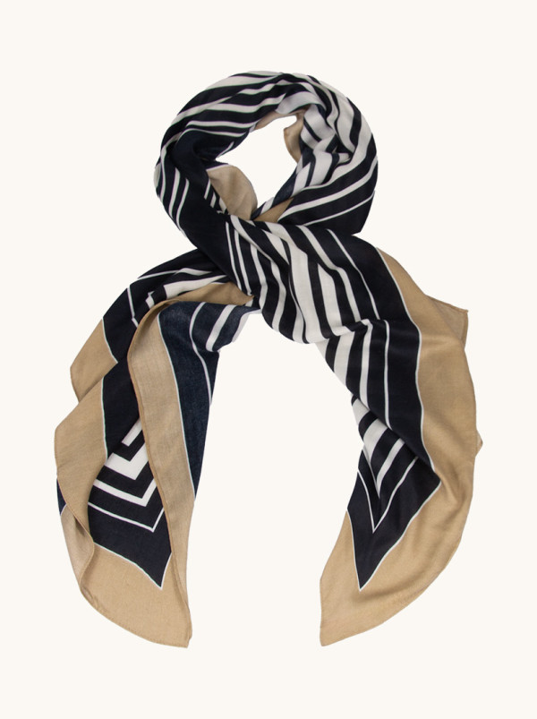 Light black and white scarf with beige border in a geometric pattern 65cm x 180cm