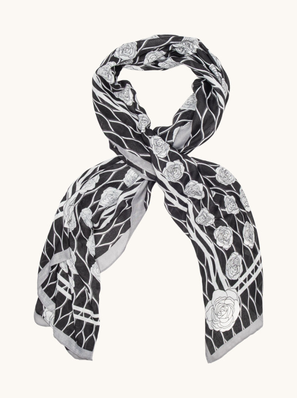Lekki szal wiskoza 100% w czarno-białe róże 70 cm x180 cm