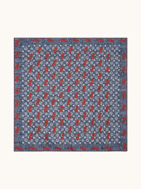 Apaszka wełna z jedwabiem niebieska z motywem wisienek 90x90 cm