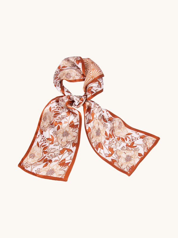Double-sided narrow double silk shawl with beige flowers 16cm x145cm