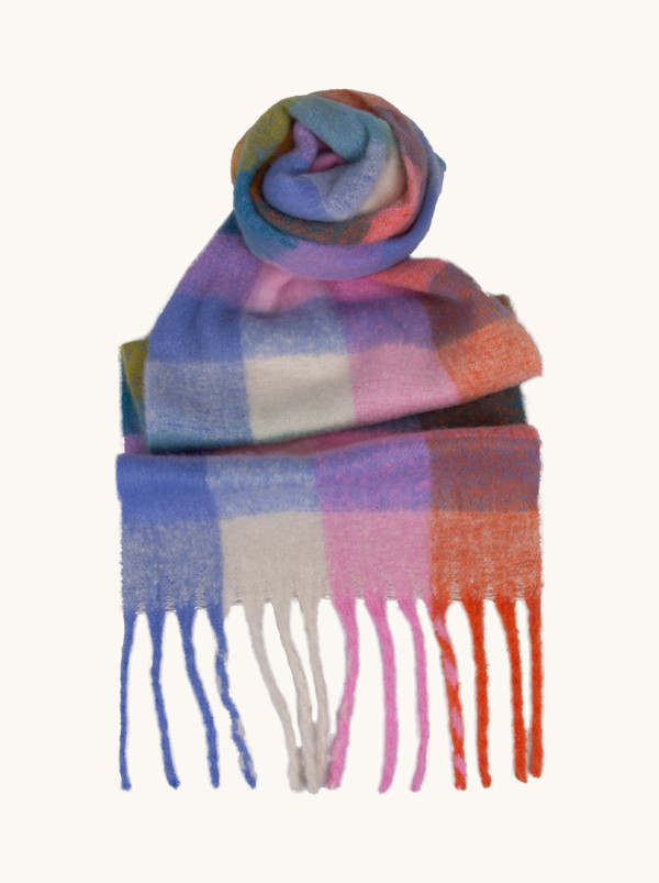 Szal  w kratę  wielokolorową z frędzlami 40 cm x 200 cm