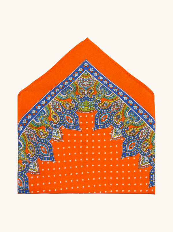 Jedwabna poszetka damska pomarańczowa w kropki 32 cm x 32 cm