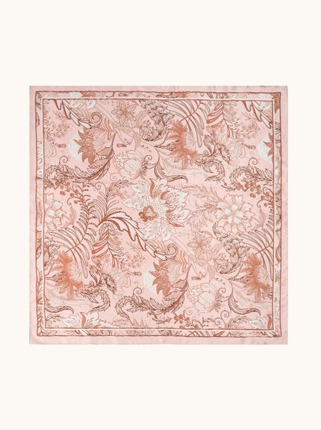 Apaszka jedwabna różowa w roślinny wzór 90x90 cm 