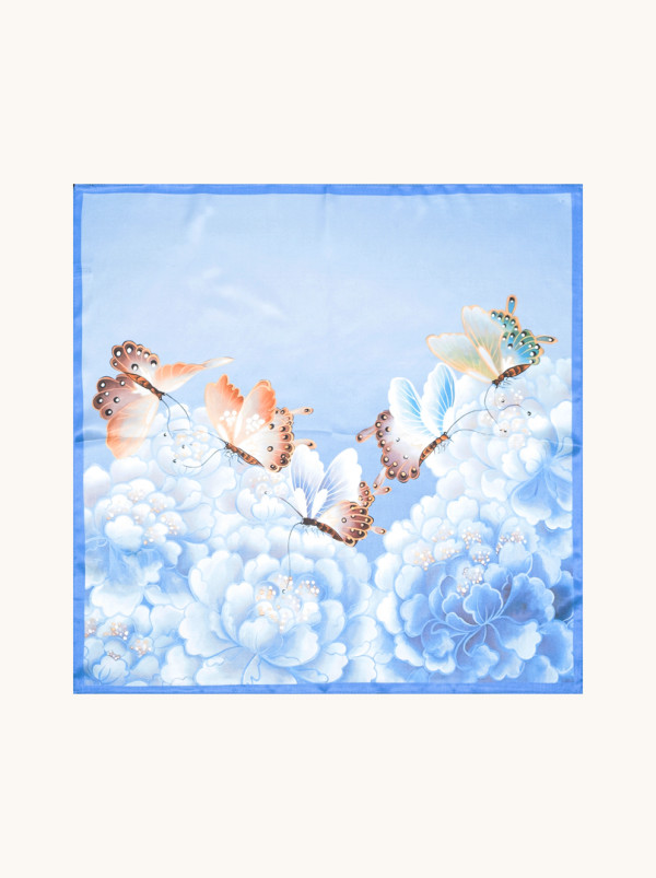 Mała apaszka damska 100% jedwab błękitna z motylkami 53cm x53cm