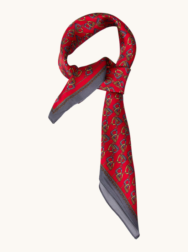 Red patterned silk scarf with gray border 70x70 cm