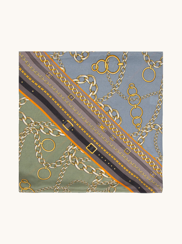 Silk scarf in shades of olive green and chain motif 35 cm x 145 cm